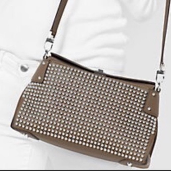 Luxury Michel Kors Taupe Miranda Studded French Calf Leather bag Like New - Picture 3 of 12